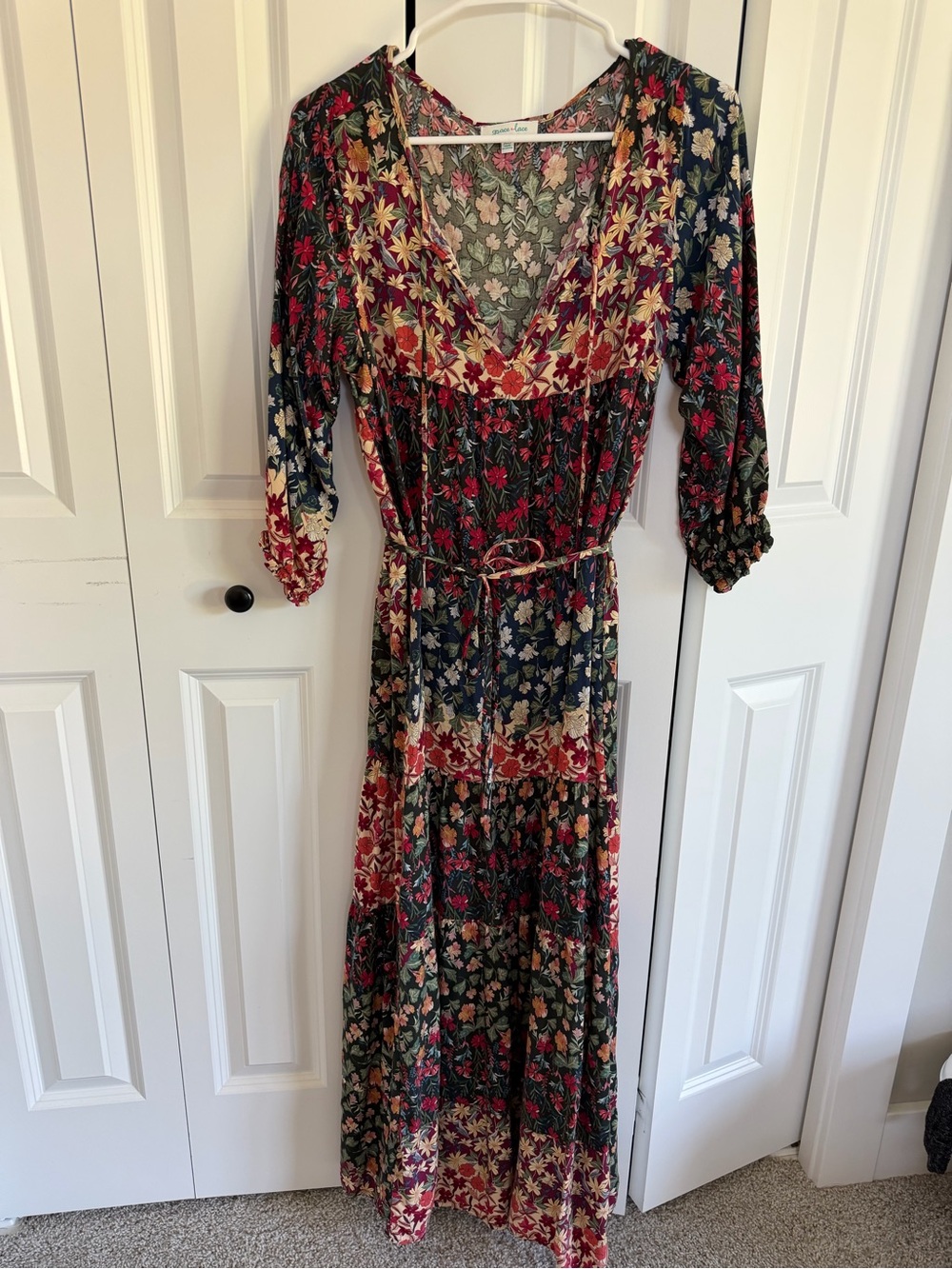 Grace & Lace Floral V-Neck Maxi Dress - Red, Green, Cream